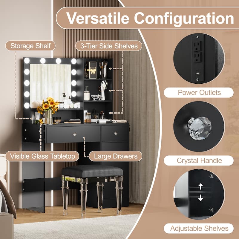 Vanity Desk with Mirror and 3 Lighting Modes, Dressing Table with 2 Drawers and Cabinet