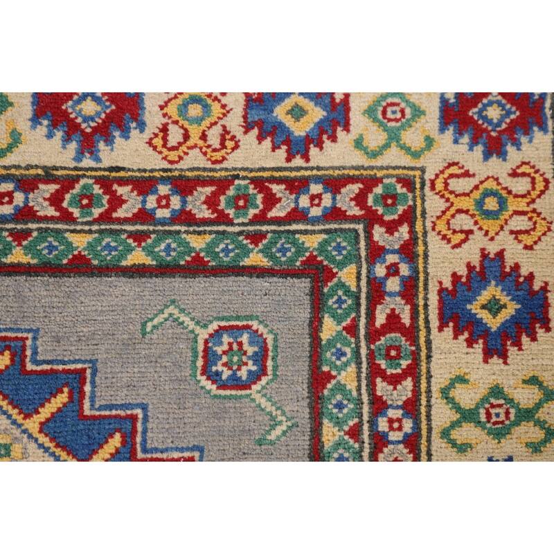 Gray Geometric Kazak Accent Rug Hand-Knotted Wool Carpet - 3'4" x 4'11"