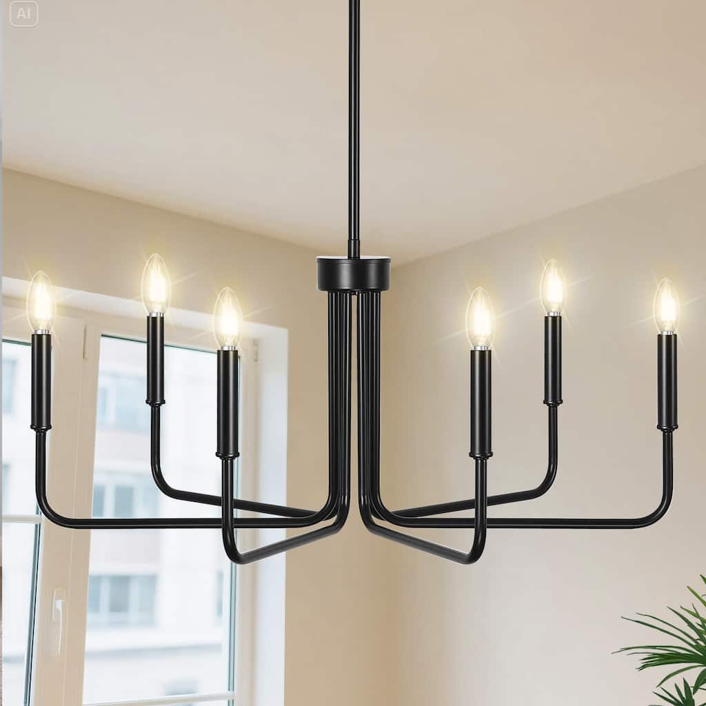 YANSUN 6-Light Black Branch Chandelier, E12 Base, Round Rod Design, No Bulbs