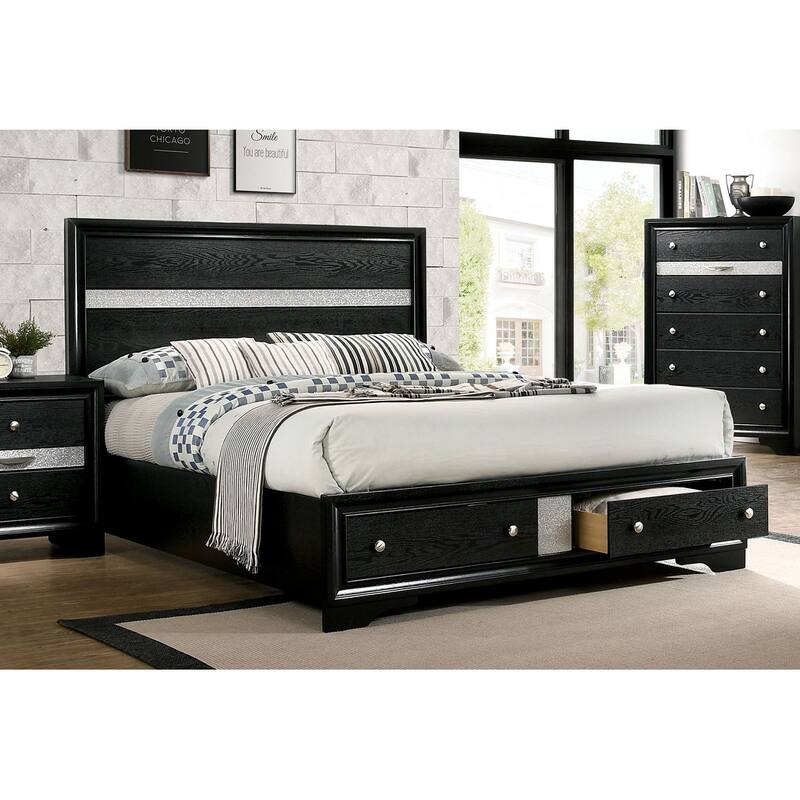 Contemporary Queen Size Black Solid Wood Bed with Storage, Mattress Ready, Master Bedroom Furniture