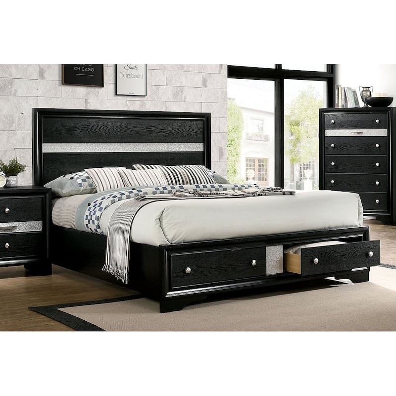 Queen Size Rubber Wood Panel Bed with Storage Drawers and Silver Accent Headboard - Black