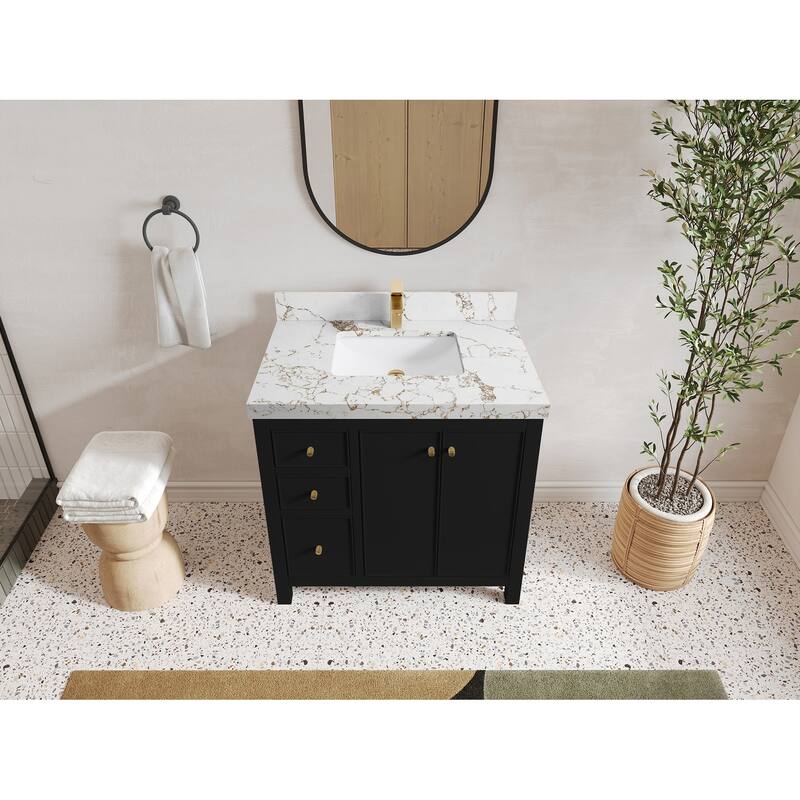 Willow Collections 36 in. W x 22 in. D Chicago Center Sink Right Bathroom Vanity with Countertop - 2"Viola Gold - Black