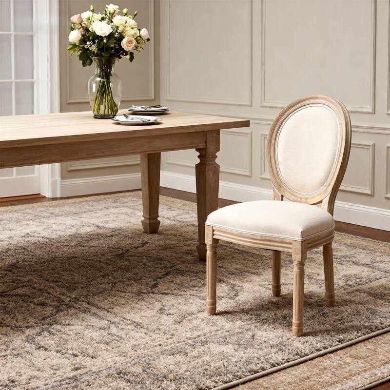 French Style Solid Wood Frame Linen Fabric Oval Back Dining Chair (Set of 2)