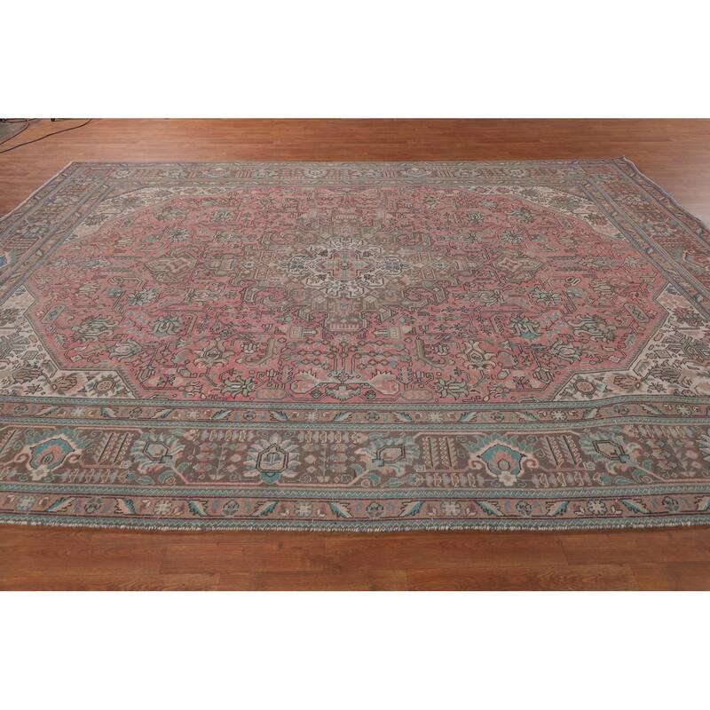 Pink Geometric Tabriz Persian Vintage Rug Hand-Knotted Wool Carpet - 9'6"x 12'4"