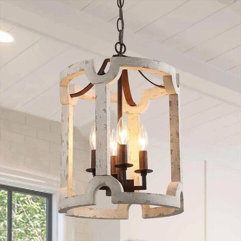 Modern Farmhouse 4-Light Chandelier White Wood Drum Pendant Lights for Living Room