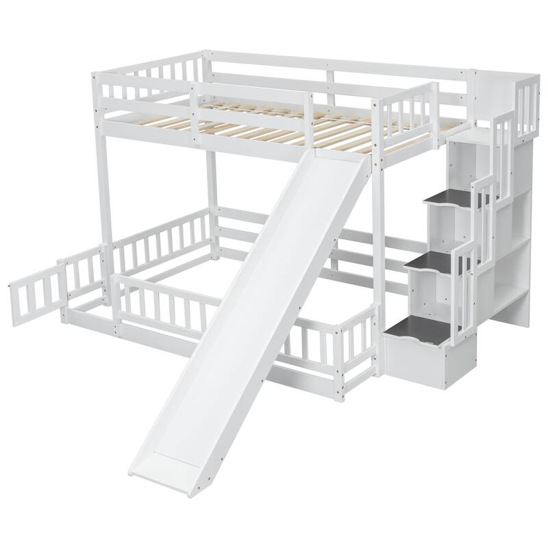 Twin Over Twin Bunk Beds Modern Solid Wood Bunk Bed Frame with Slide, Storage Staircase, Safety Guardrails