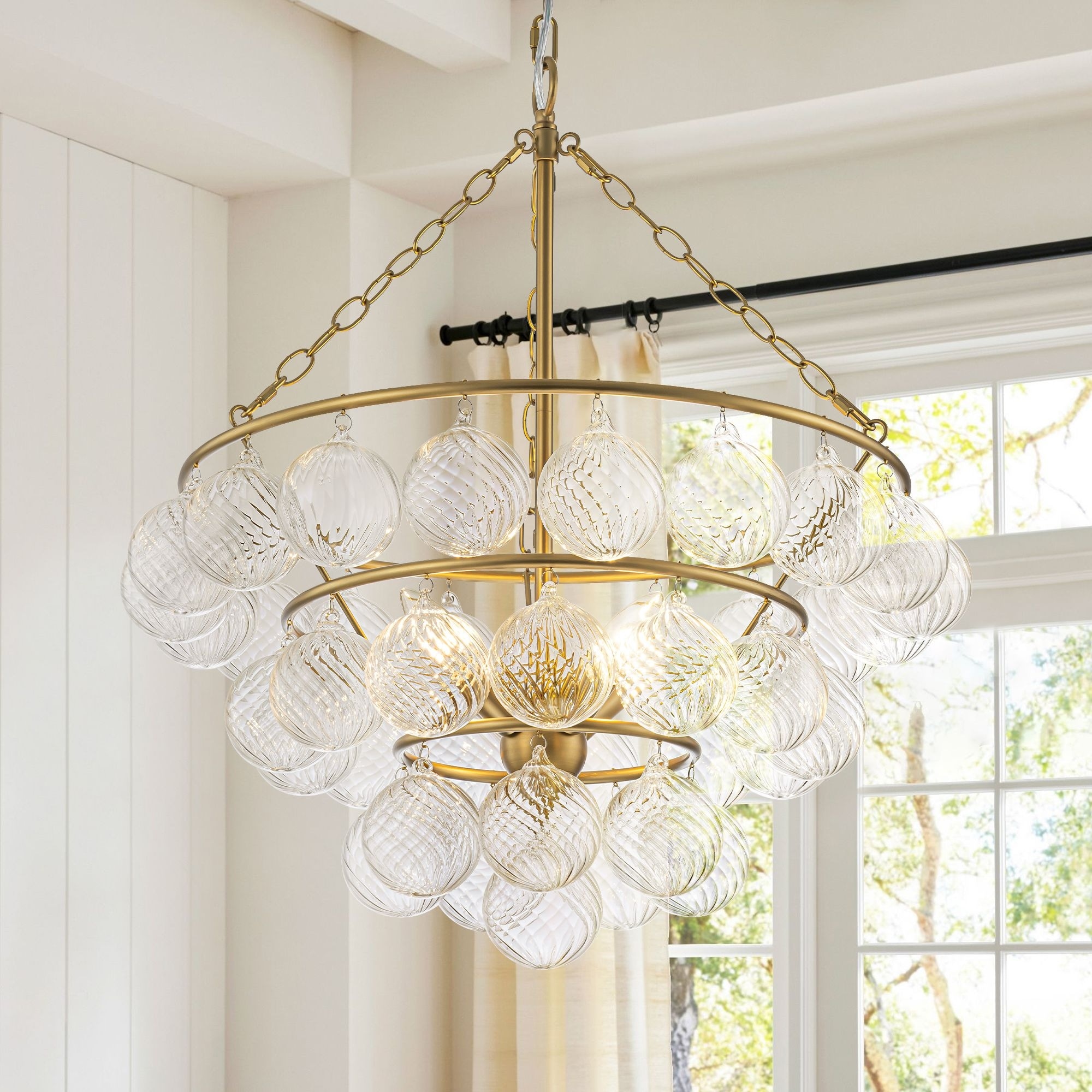 22.8" Modern Glam Tiered 4-Light Cluster Gold Chandelier with 40 Clear Ribbed Glass Globe Shades for Living Room&Foyers