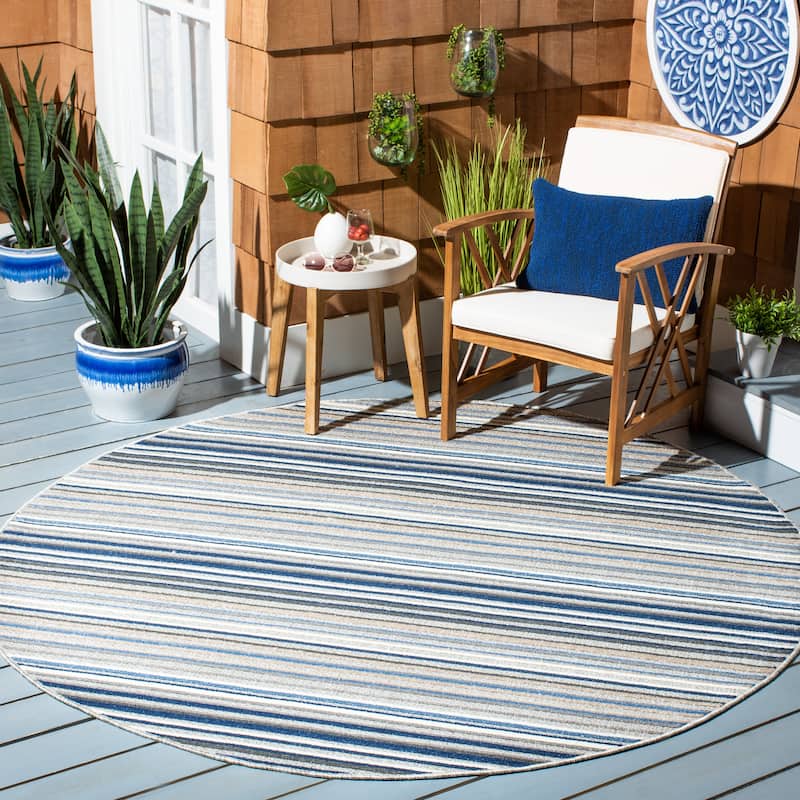 SAFAVIEH Cabana Gafia Indoor/ Outdoor Waterproof Patio Stripe Rug - 3' Round - Grey/Blue