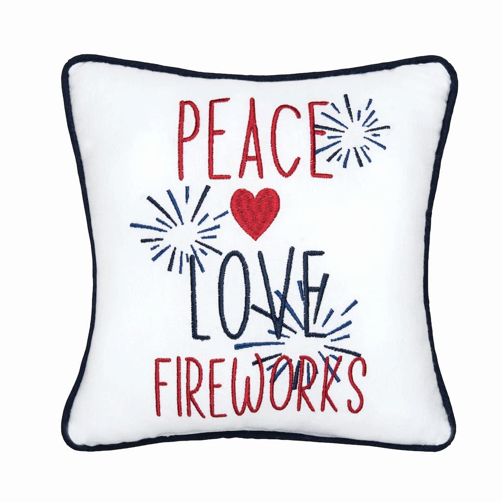10" x 10" Peace Love Fireworks 4th of July Patriotic Embroidered Square Accent Small Petite Throw Pillow