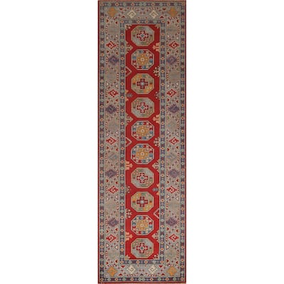Geometric Kazak Oriental Hallway Runner Rug Hand-knotted Wool Carpet - 2'9" x 9'7"