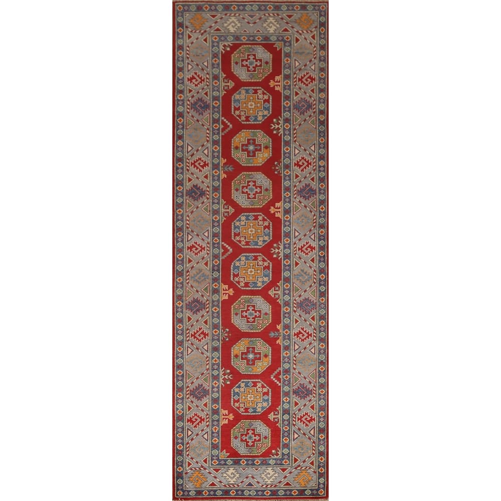 Geometric Kazak Oriental Hallway Runner Rug Hand-knotted Wool Carpet - 2'9" x 9'7"