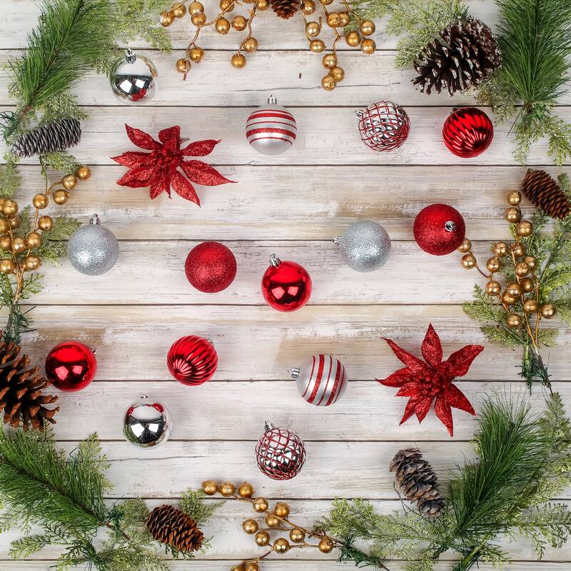 National Tree Company 2 in. Shatterproof Christmas Ornament Set, Red and Silver, 40 Balls and 4 Flowers - 2 in