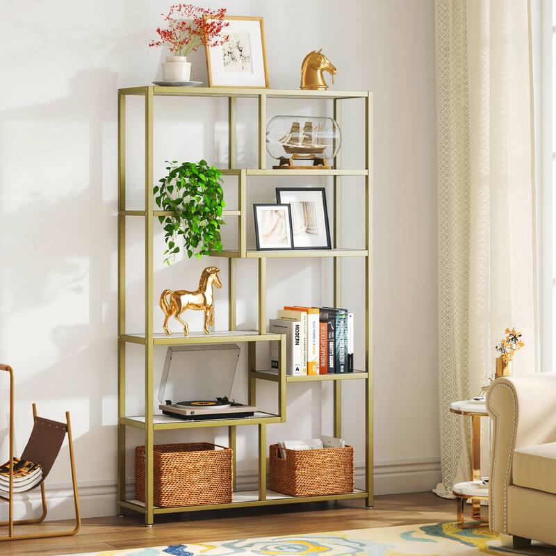 White Gold Bookshelf Bookcase 8-Open Shelf Etagere Bookcase with Faux Marble