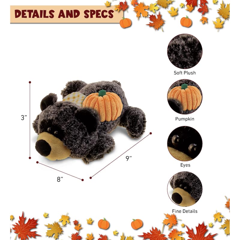 DolliBu Super Soft Lying Black Bear Stuffed Animal with Pumpkin Decor - 9 inches