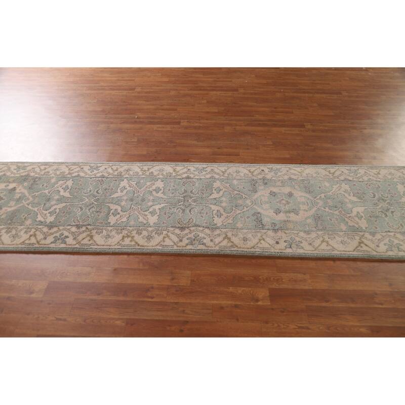 Green Oushak Indian Runner Rug Hand-knotted Wool Carpet - 2'6"x 9'11"