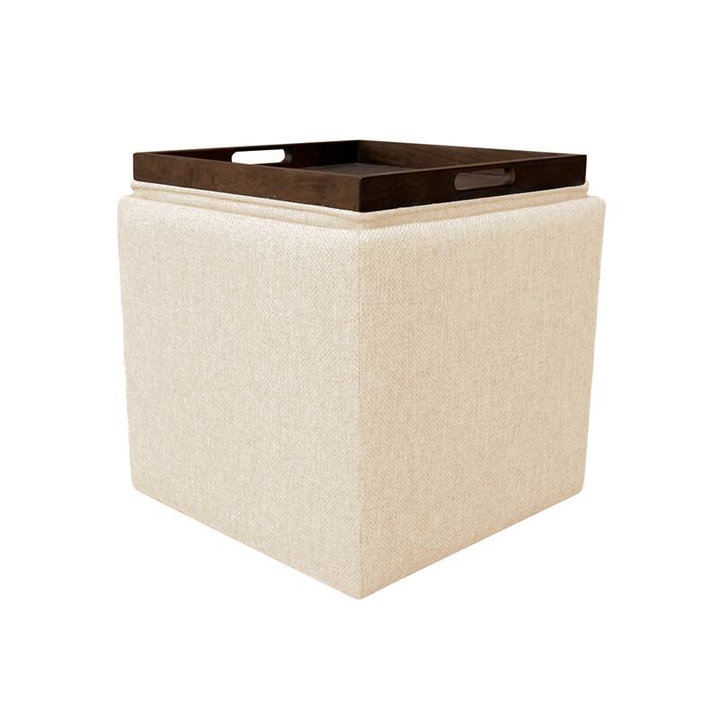 Soa 18 Inch Square Tray-Top Storage Ottoman in Soft Beige Woven Fabric
