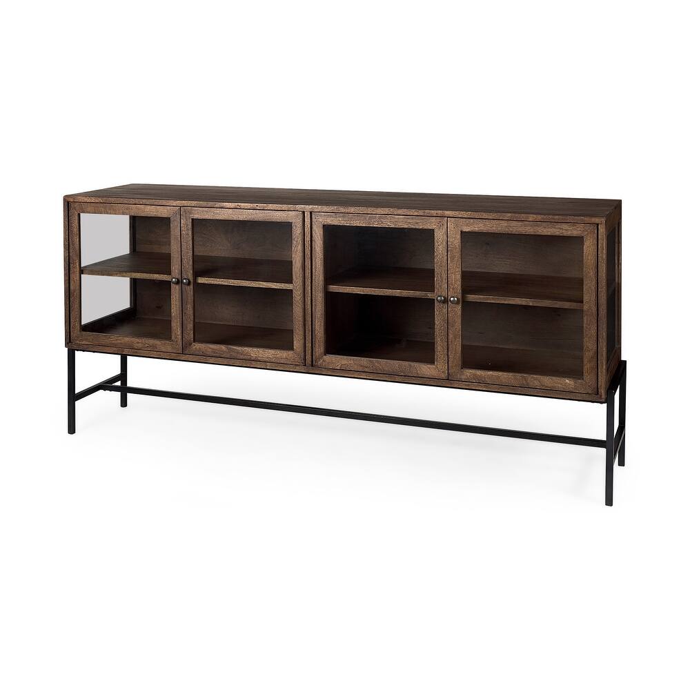 Arelius Light Brown w/ Black Metal Base 4 Door Glass Cabinet Sideboard - 70.0L x 18.0W x 32.0H