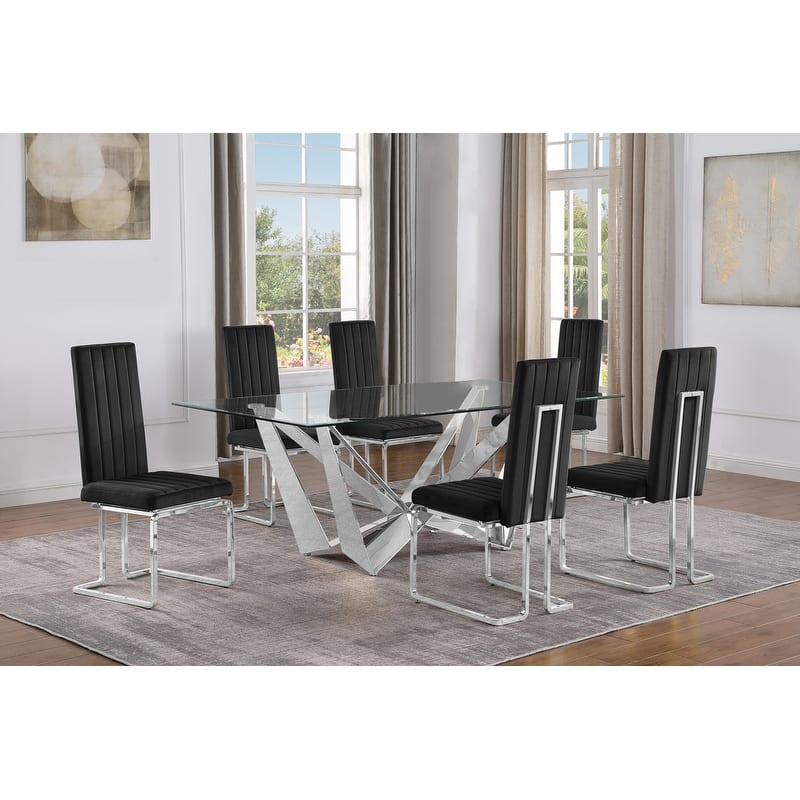 Best Quality Furniture D400/1-SC340-7 Dining Set with 78" 12mm Glass with Bevel - 7-Piece - Black / Silver