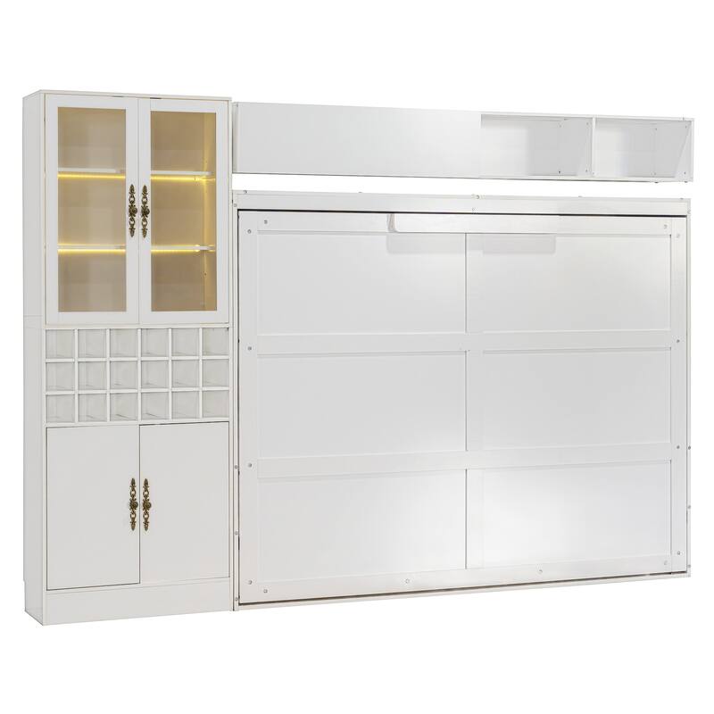 Queen Size Wall Bed with Sofa, Shelves, USB & Light, Space-Saving Design, Easy Storage, White