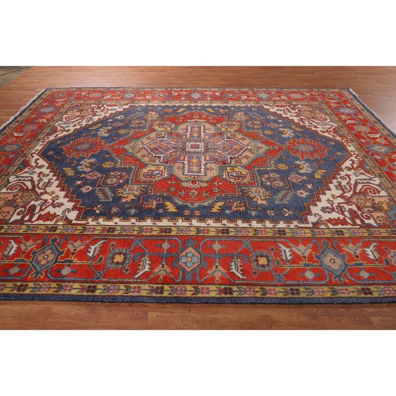 Blue Geometric Heriz Serapi Oriental Area Rug Hand-Knotted Wool Carpet - 8'8"x 11'10"