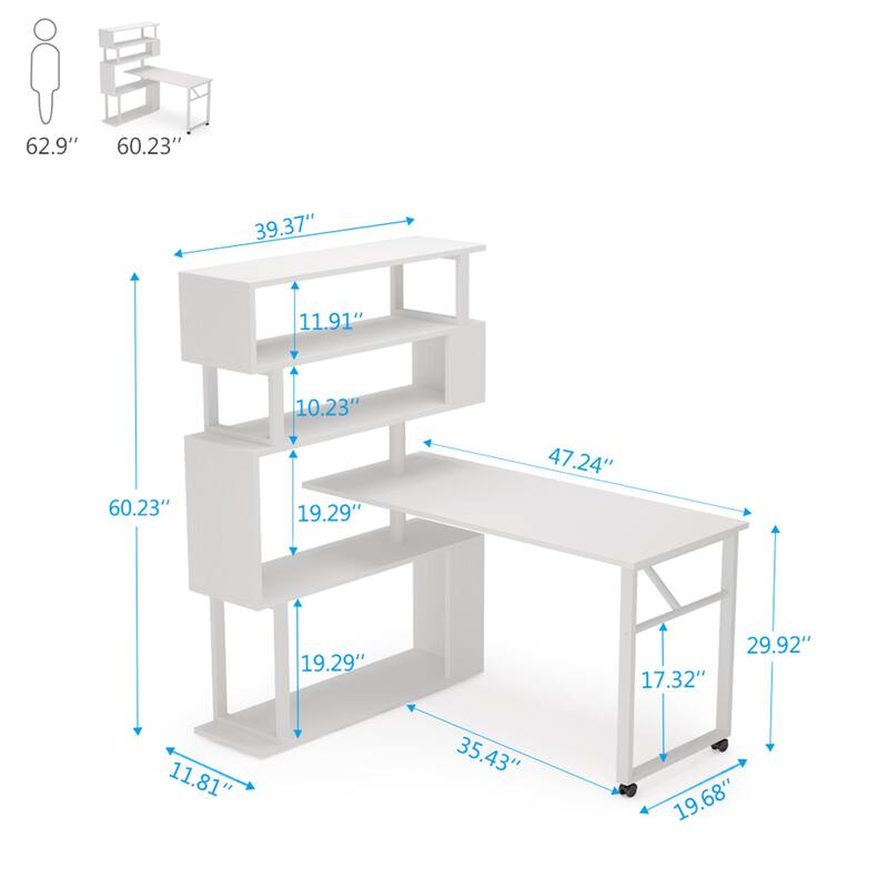 L-Shaped Rotating Computer Desk with Bookshelf