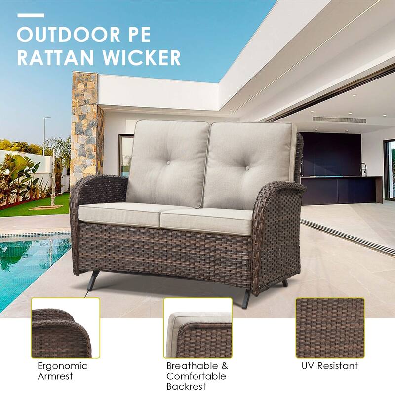 2 Pieces Outdoor Wicker Patio Glider Loveseat with Coffee Table