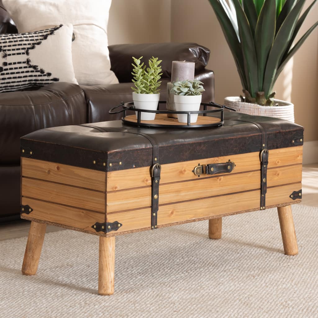 Amena Dark Brown PU Leather and Oak Wood Large Storage Ottoman