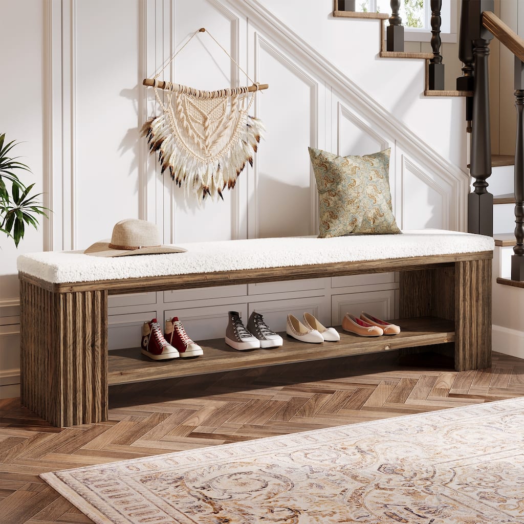63" Long Upholstered Solid Wood Entryway Shoe Bench with Storage - 13.7" D x 63" W x 17.9" H