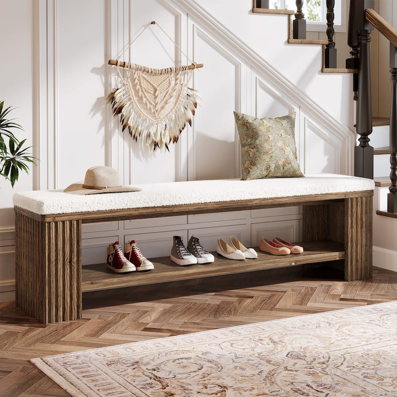 63" Long Upholstered Solid Wood Entryway Shoe Bench with Storage - 13.7" D x 63" W x 17.9" H - White & Dark Brown