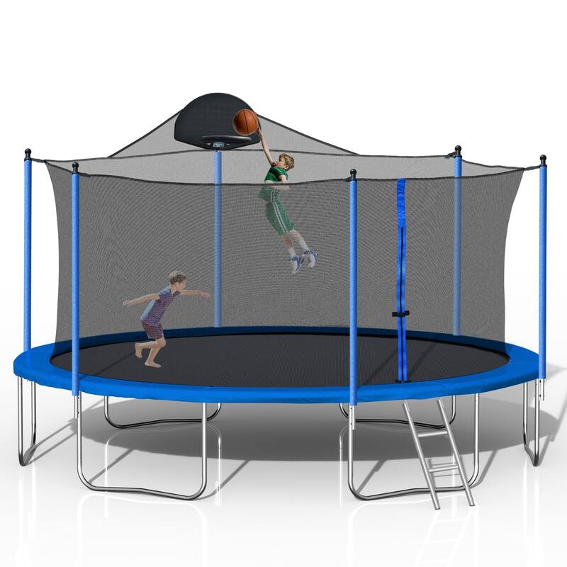 Recreational Trampoline - Safety Enclosure Net, Ladder, Double-Side Color Pad, Curved Fence Pole - Blue - 166