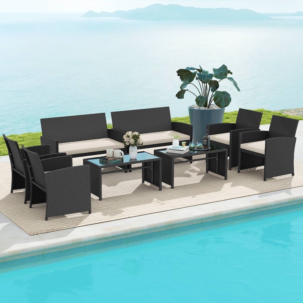 Gymax Set of 8 Patio Conversation Set w/Seat Cushions & Tempered Glass