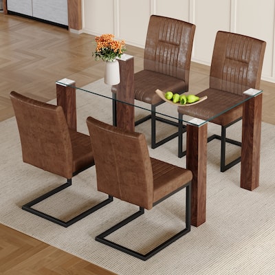 Modern Dining Set‌ - Tempered Glass Table with Walnut-Finish MDF Base, Paired with 4 Ergonomic Brown Tech Fabric Chairs