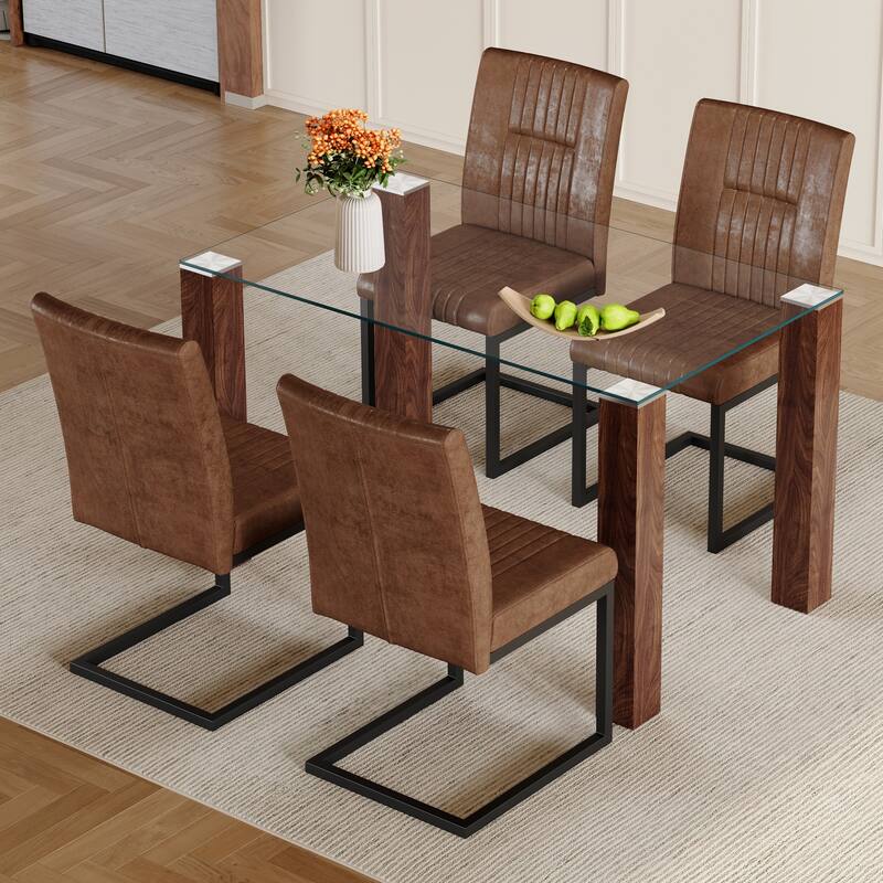 Transparent Tempered Glass Dining Table with Grain MDF Legs,Paired with 4 Dining Chairs