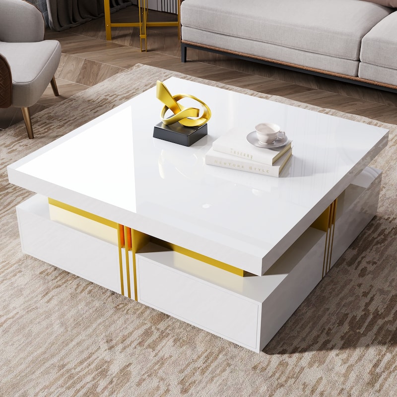 43.3" Modern Square Coffee Table with 4 Hidden Drawers, Glossy Living Room Table with Gold Accents, Space-Saving Storage Table