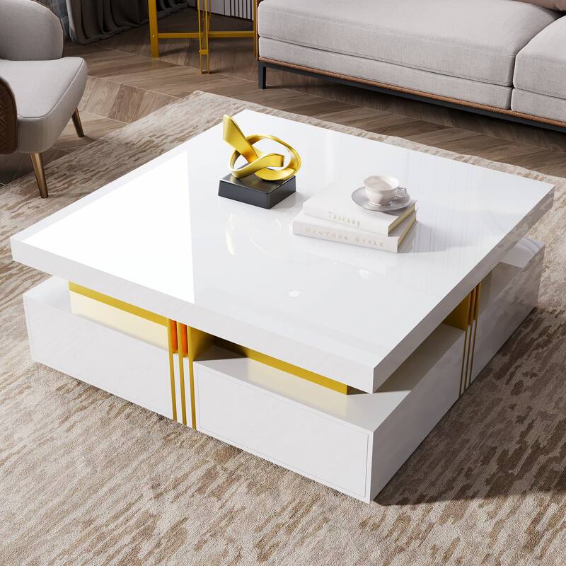 Modern Glossy Square Storage Coffee Table with Drawers