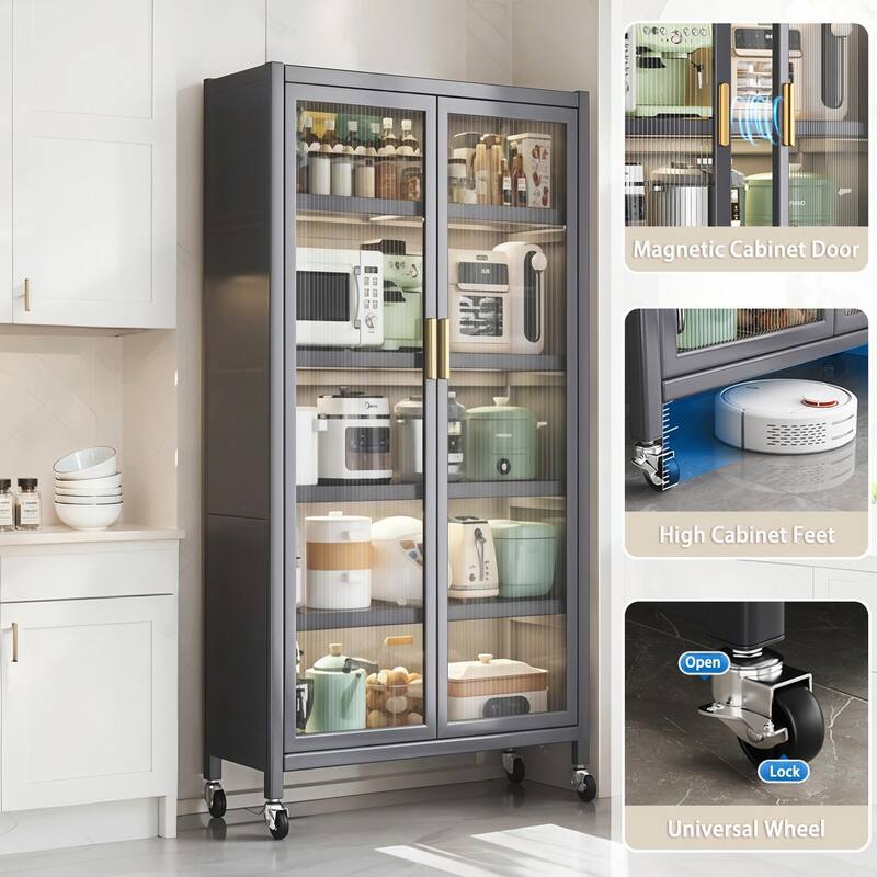 65" Metal Pantry Cabinet - 6-Tier with Wheels & Glass Doors