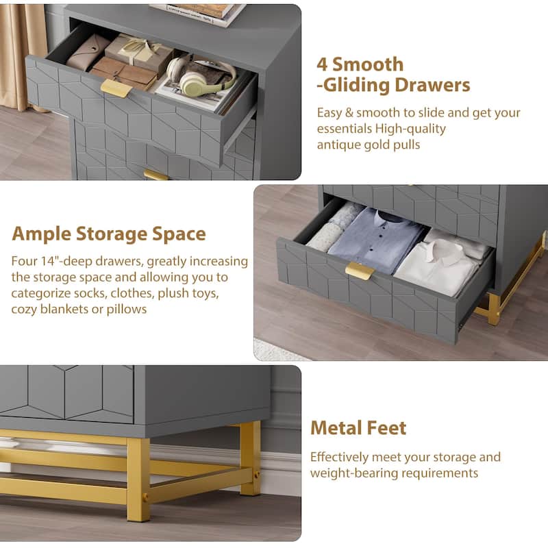 4 Drawer Dresser for Bedroom, Modern Wooden Chest of Drawers with Gold Handles