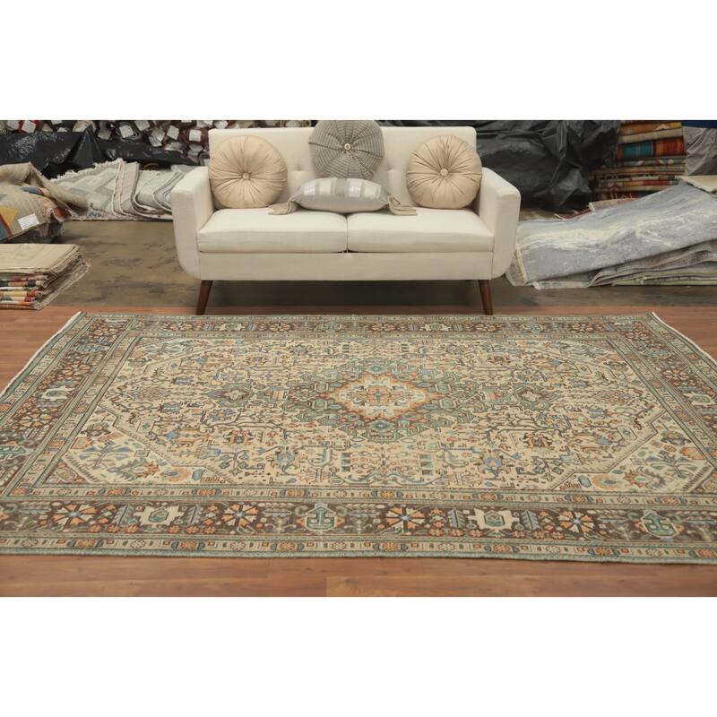 Hand Knotted Oriental 100% Wool Carpet Traditional Floral Beige & Ivories Tabriz Area Rug - 9' 3'' X 6' 4''