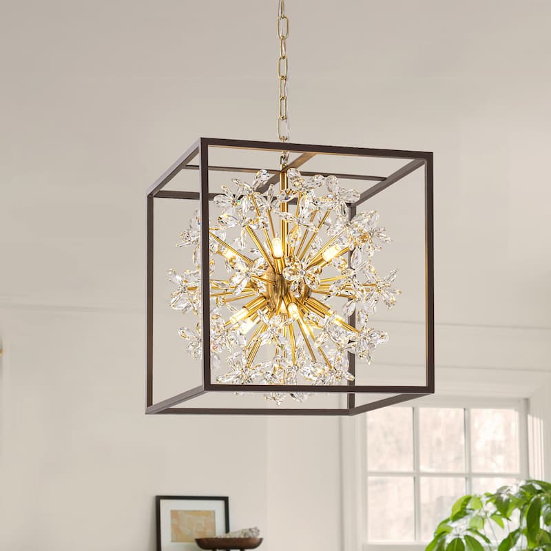 10-Light Modern Black Square Caged Chandelier Sputnik Gold Crystal Chandelier for Living/Dining Room - 16.1 in. W x 17.1 in. H