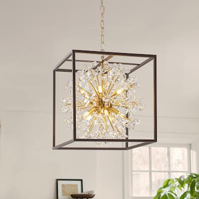 10-Light Modern Black Square Caged Chandelier Sputnik Gold Crystal Chandelier for Living/Dining Room - 16.1 in. W x 17.1 in. H