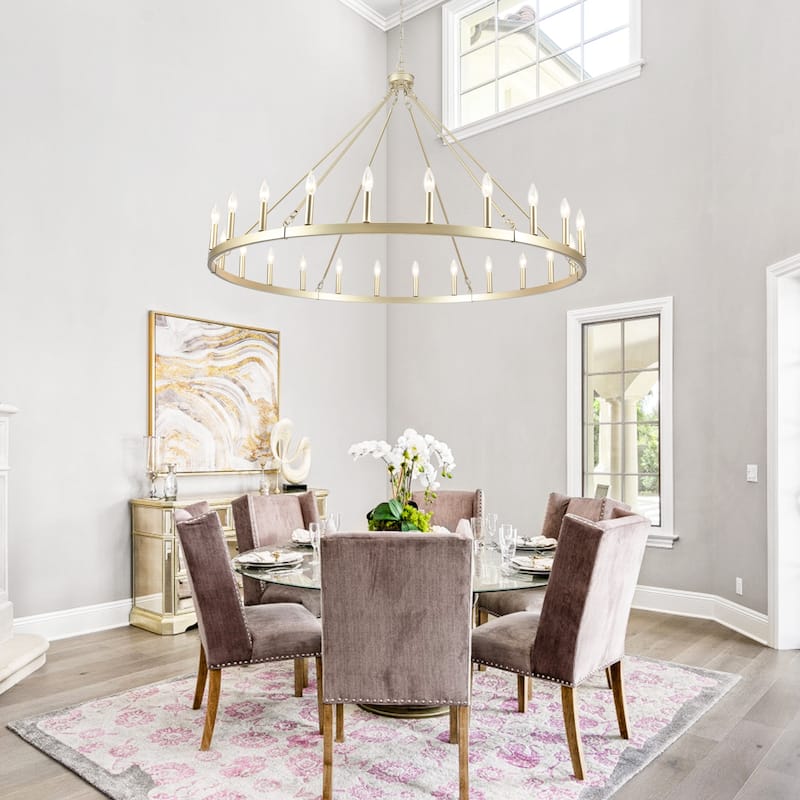 24 - Light 52in. Lagre Dimmable Wagon Wheel Chandelier Farmhouse Round Vintage Candle Style Light - N/A