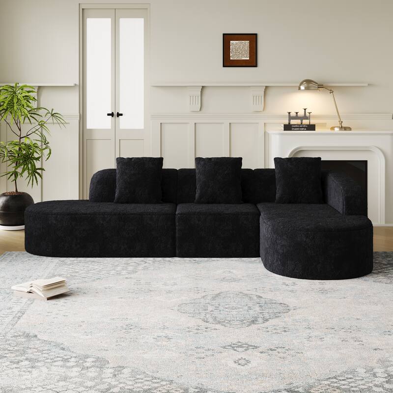 Curved Modular Sofa with Chaise Lounge, Full Compression Upholstered Boneless Sofa, Corner 3 Seater Sofa with 3 Pillows