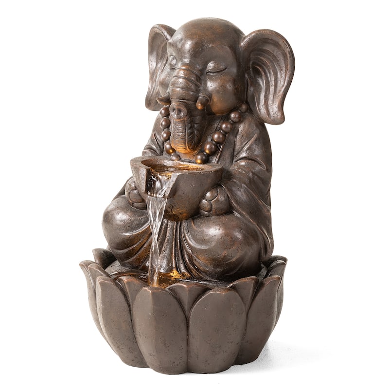 Glitzhome 21.75"H 2-Tiered Lighted Zen Style Frog Elephant Hippo Polyresin Outdoor Fountains