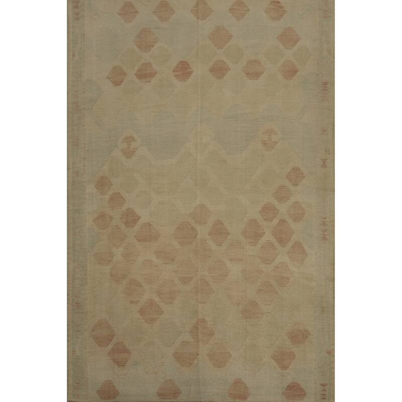 Hand Woven Oriental 100% Wool Carpet Southwestern Geometric Beige & Ivories Kilim Area Rug - 11' 11'' X 9' 1''