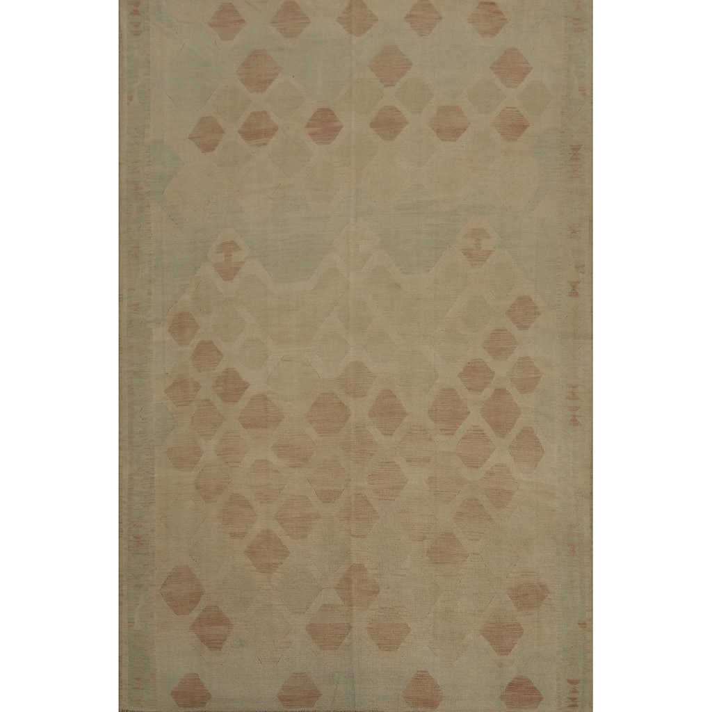 Hand Woven Oriental 100% Wool Carpet Southwestern Geometric Beige & Ivories Kilim Area Rug - 11' 11'' X 9' 1''