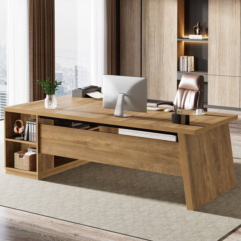 78" L-Shaped Executive Desk with File Cabinet & Shelves, Home Office