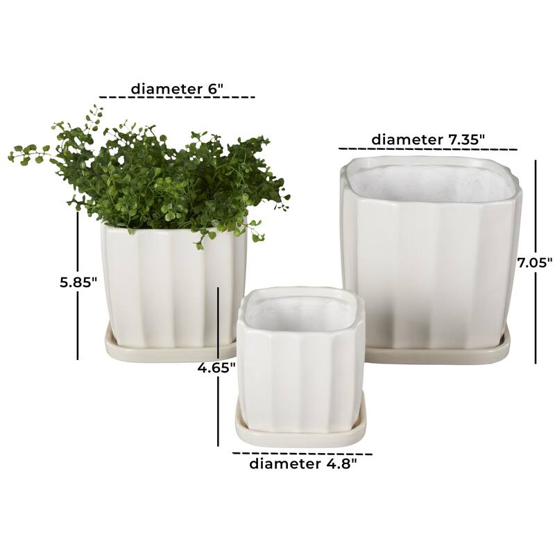 Black or White Ceramic Ribbed Indoor Outdoor Planter with Attached Saucer (Set of 3)