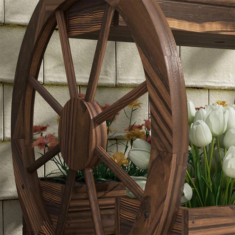 Carbonized Fir Wood Outdoor Raised Wooden Planter Box Set with Decorative Wheels - 25.25" L x 21.25" W x 23.5" H