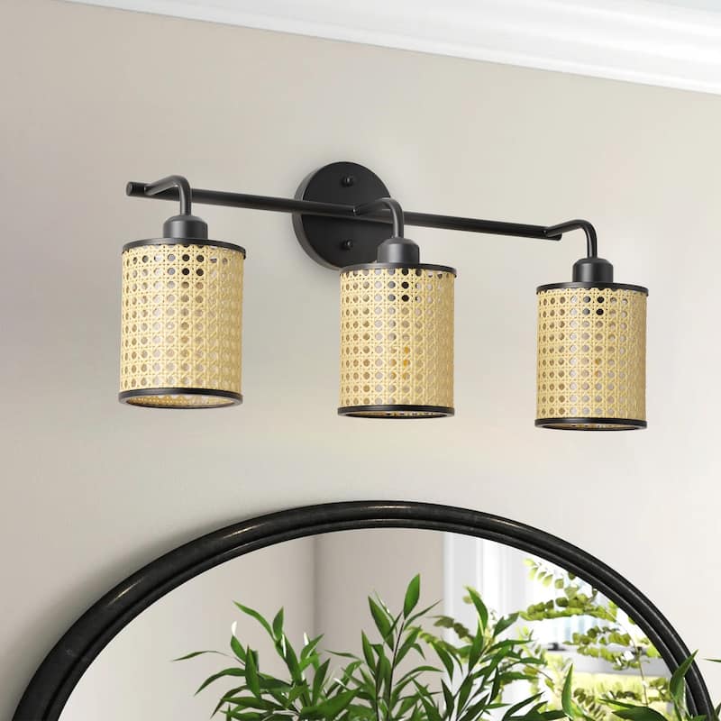 Farmhouse 3-Light Bathroom Vanity Light Fixture with Woven Plastic Lampshades