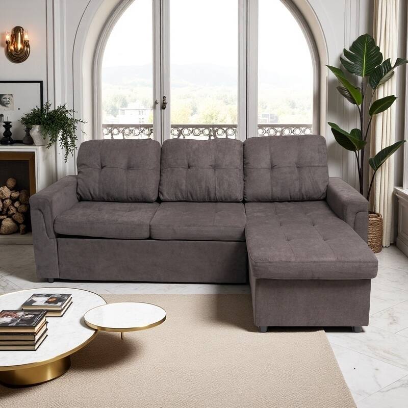 Upholstered Sleeper Sofa, L Shaped Sectional Couch with Reversible Storage, Convertible Corner Lounge Couches Pull Out Sofa bed